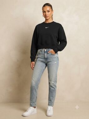 Nike Black Cropped Crewneck Sweatshirt with White Swoosh